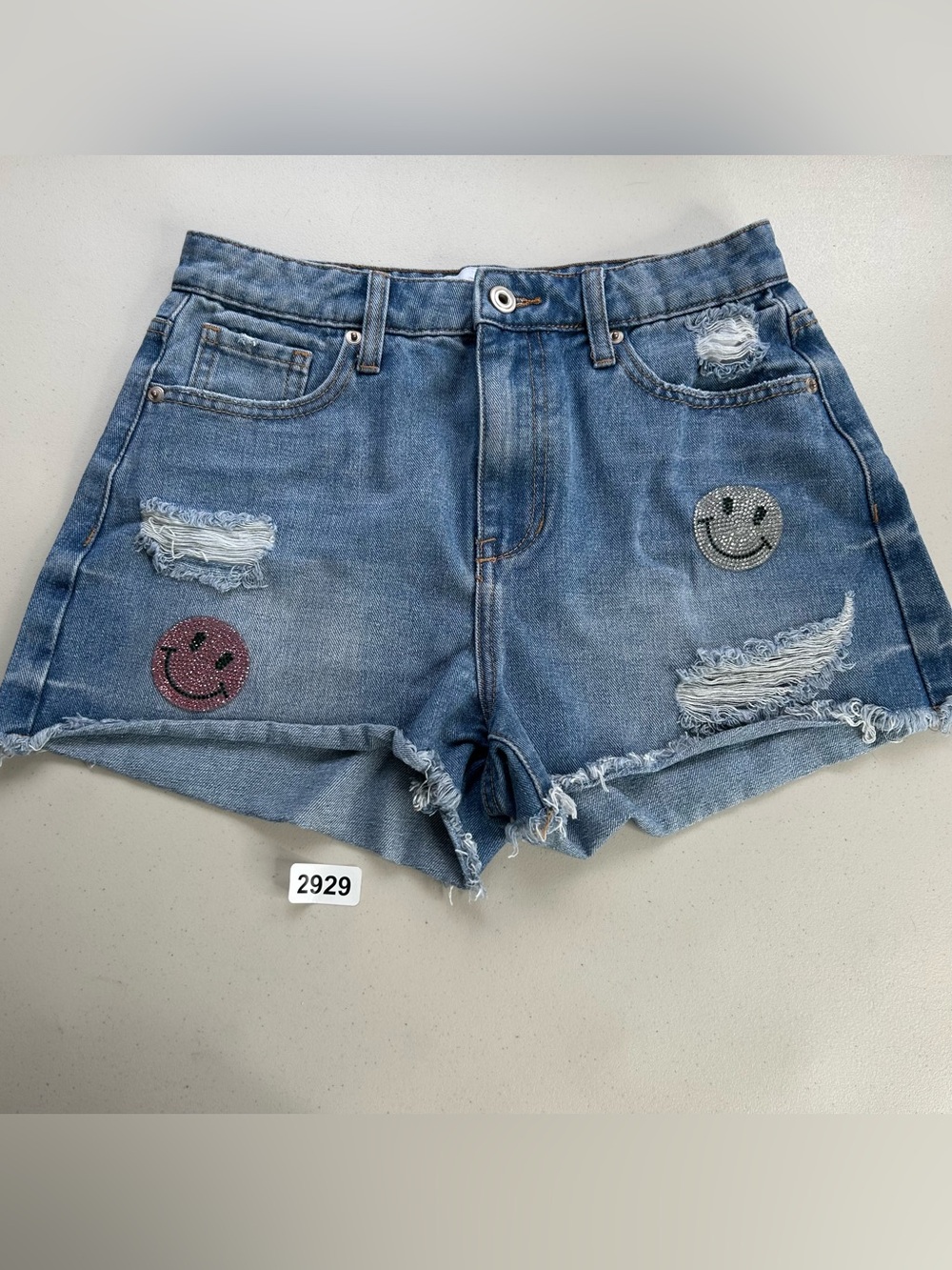 Fashion Nova Women’s Denim Short Small Blue Raw  Hem Smiley